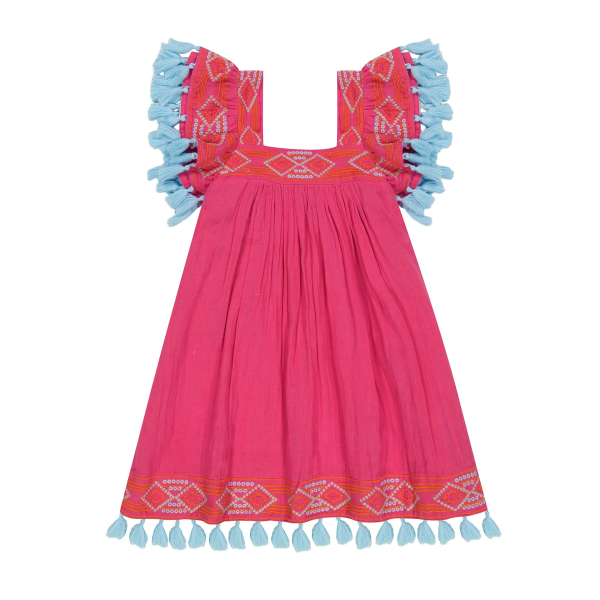 Mer St Barth Serena Tassel Dress in Raspberry Embroidery