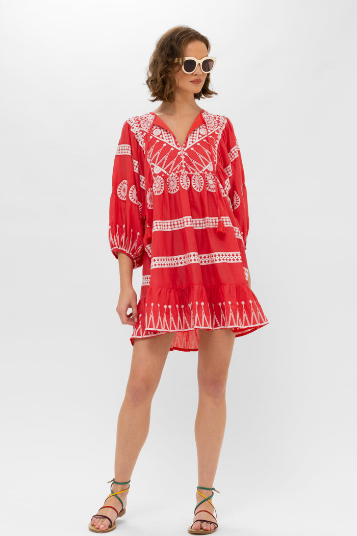 Oliphant Cuff Sleeve Mini Dress in Soleil Red