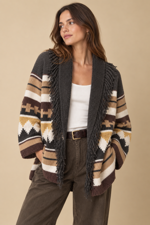 Autumn Cashmere Southwest Fringe Shawl Collar Wrap in Cocoa Neutral