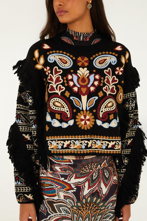 LOVE PAISLEY CORNELLI KNIT FRINGE SWEATER