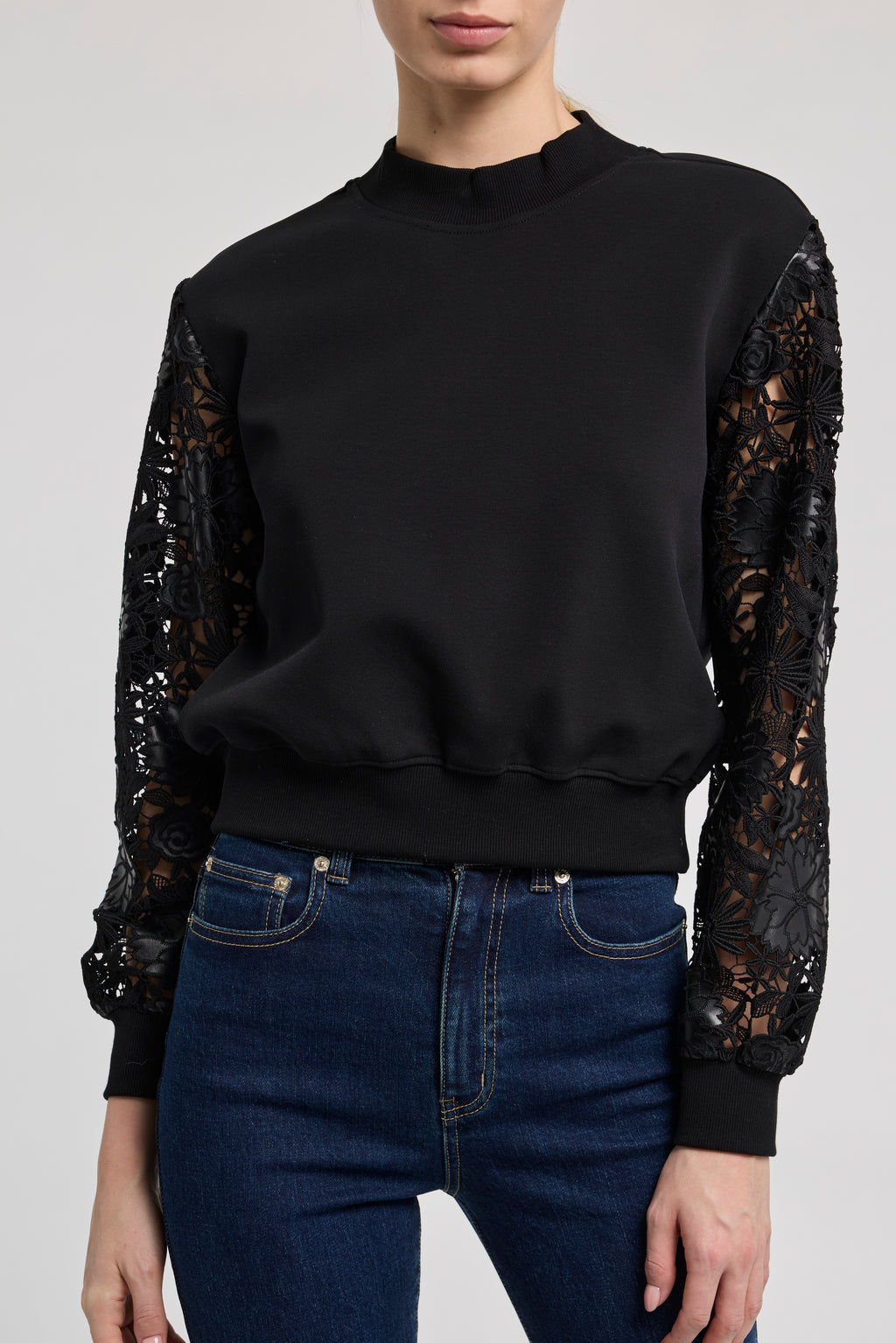 Generation Love Theron Guipure Sleeve Sweatshirt in Black