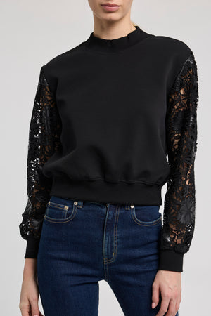 Generation Love Theron Guipure Sleeve Sweatshirt in Black
