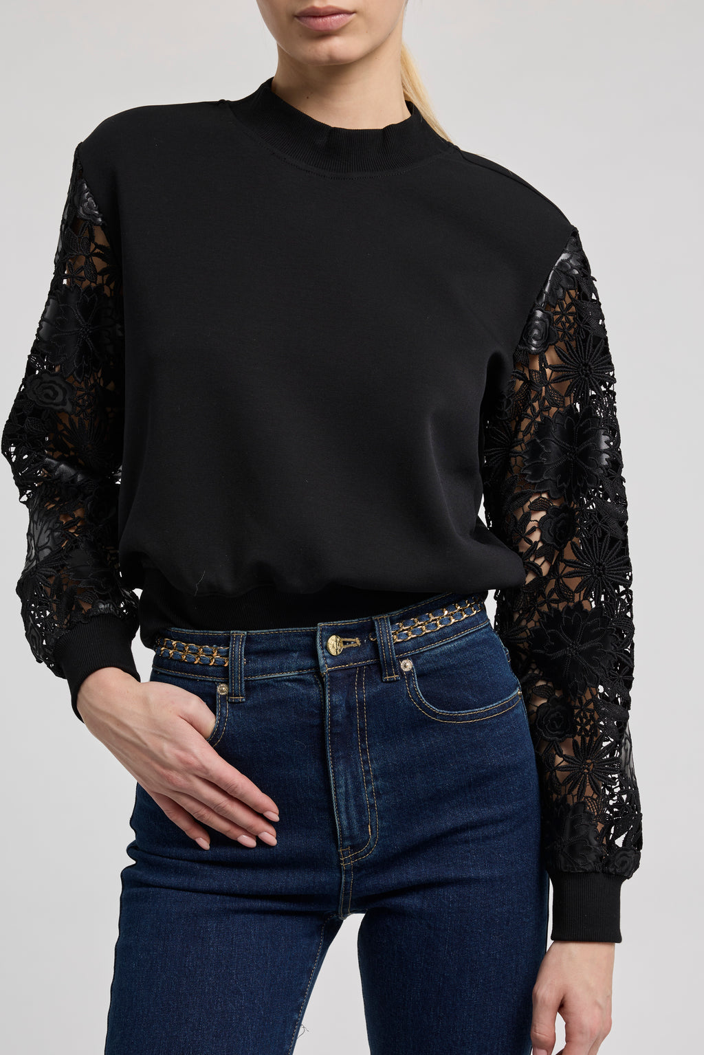 Generation Love Theron Guipure Sleeve Sweatshirt in Black