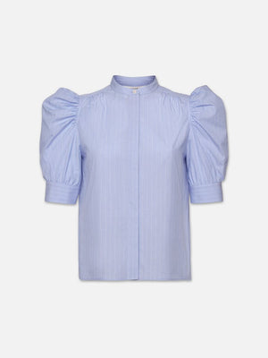 Frame Ruched Puff Sleeve Shirt in Chambray Blue