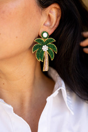 Gaby & Grace Green Palm Tree Beaded Earrings
