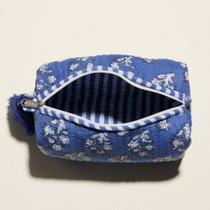 Frem Blue Quilted Floral Cosmetic Pouch – Zipper Makeup Bag with Tassel