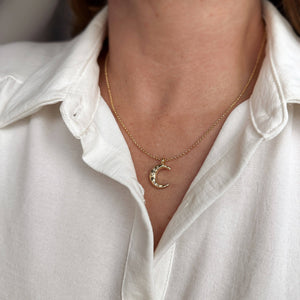 GoldFi 18k Gold Filled Hammered Crescent Moon CZ Necklace