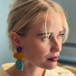 Michael Nash Jewelry Puzzle Purple, Amber, Turquoise Multi Triple Drop Earrings