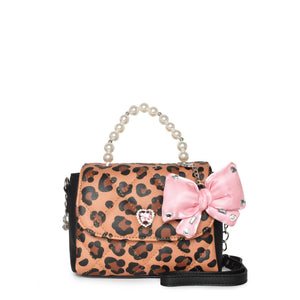 OMG Pearl Handle Crossbody Bag with Bow Charm in Leopard
