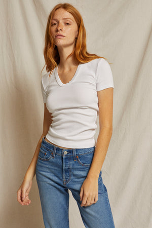 perfectwhitetee Avril Short Sleeve Rib U Neck in White