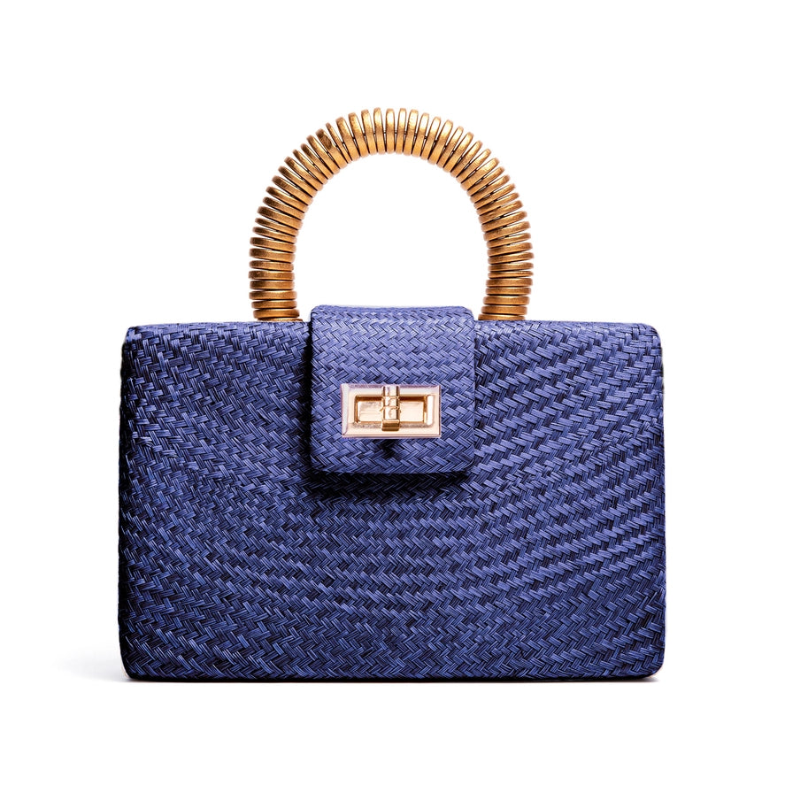 Soli + Sun Navy Straw Clutch with Gold Bead Handle