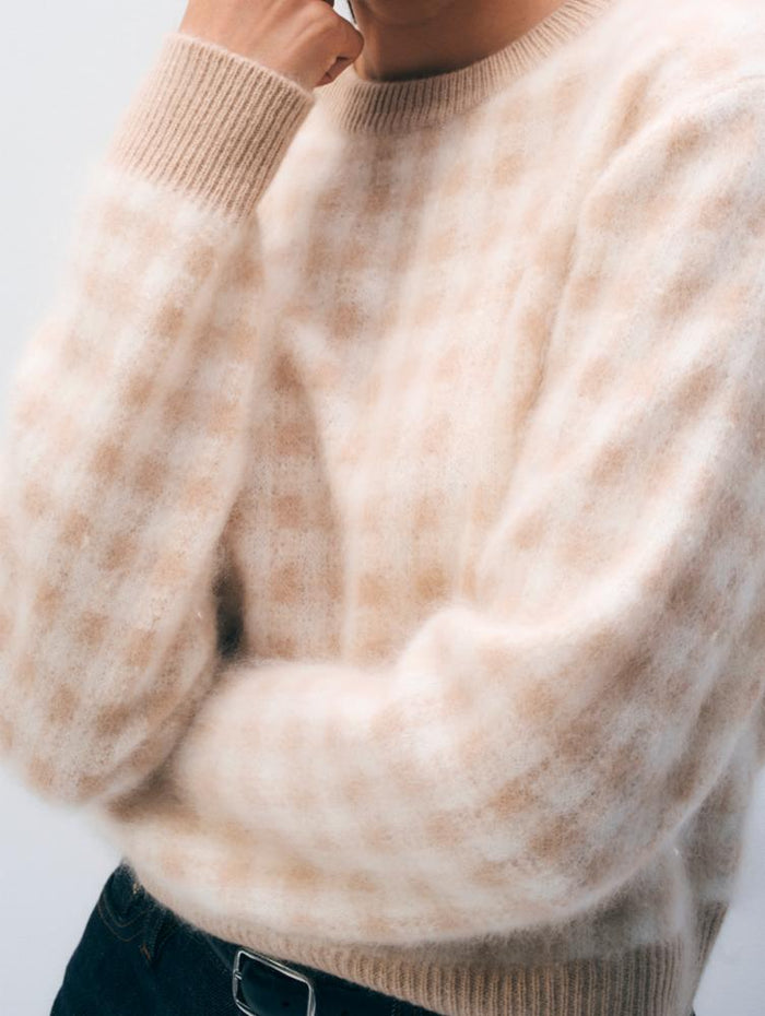 BRUSHED CASHMERE BLEND CHECK CREWNECK