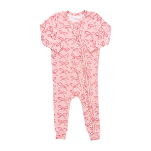 Pink Chicken Bamboo Ruffle Romper in Candy Cane Bows