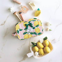 Bella Sleep Spa Quilted Cosmetic Bag in Pink Stripes + Lemons