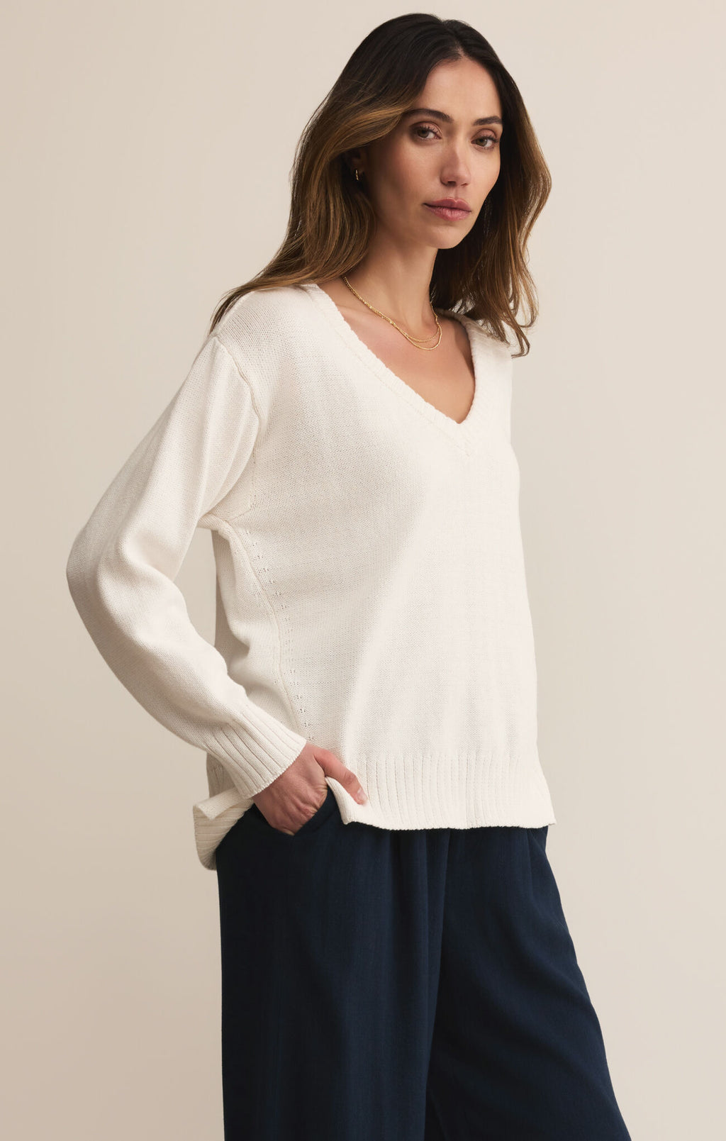 Z Supply All Around V-neck Sweater in White