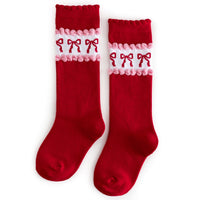 Little Stocking Co Red & Pink Bow Scalloped Knee High Socks