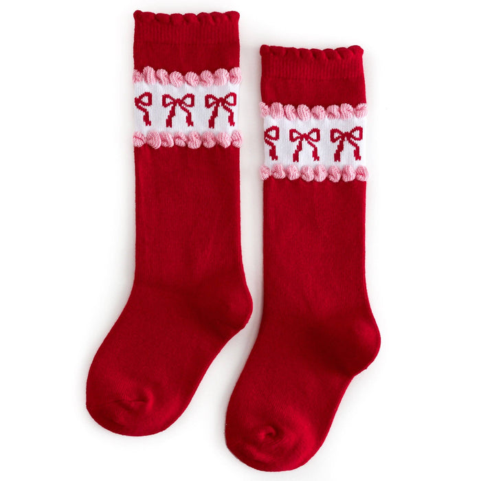 Little Stocking Co Red & Pink Bow Scalloped Knee High Socks