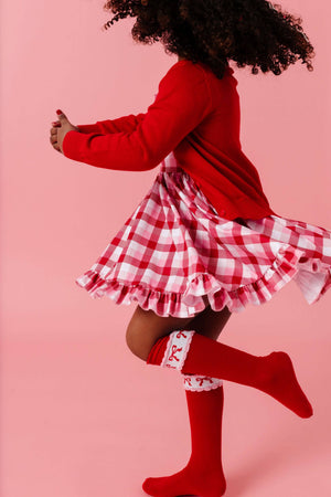 Little Stocking Co Red & Pink Bow Scalloped Knee High Socks