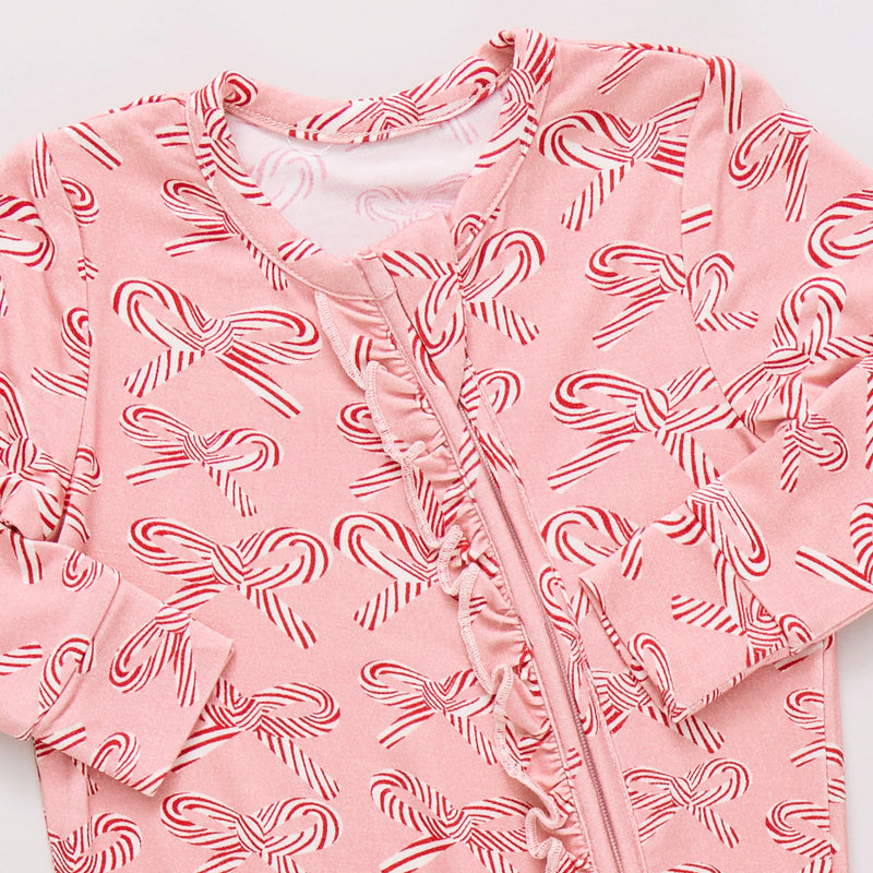 Pink Chicken Bamboo Ruffle Romper in Candy Cane Bows