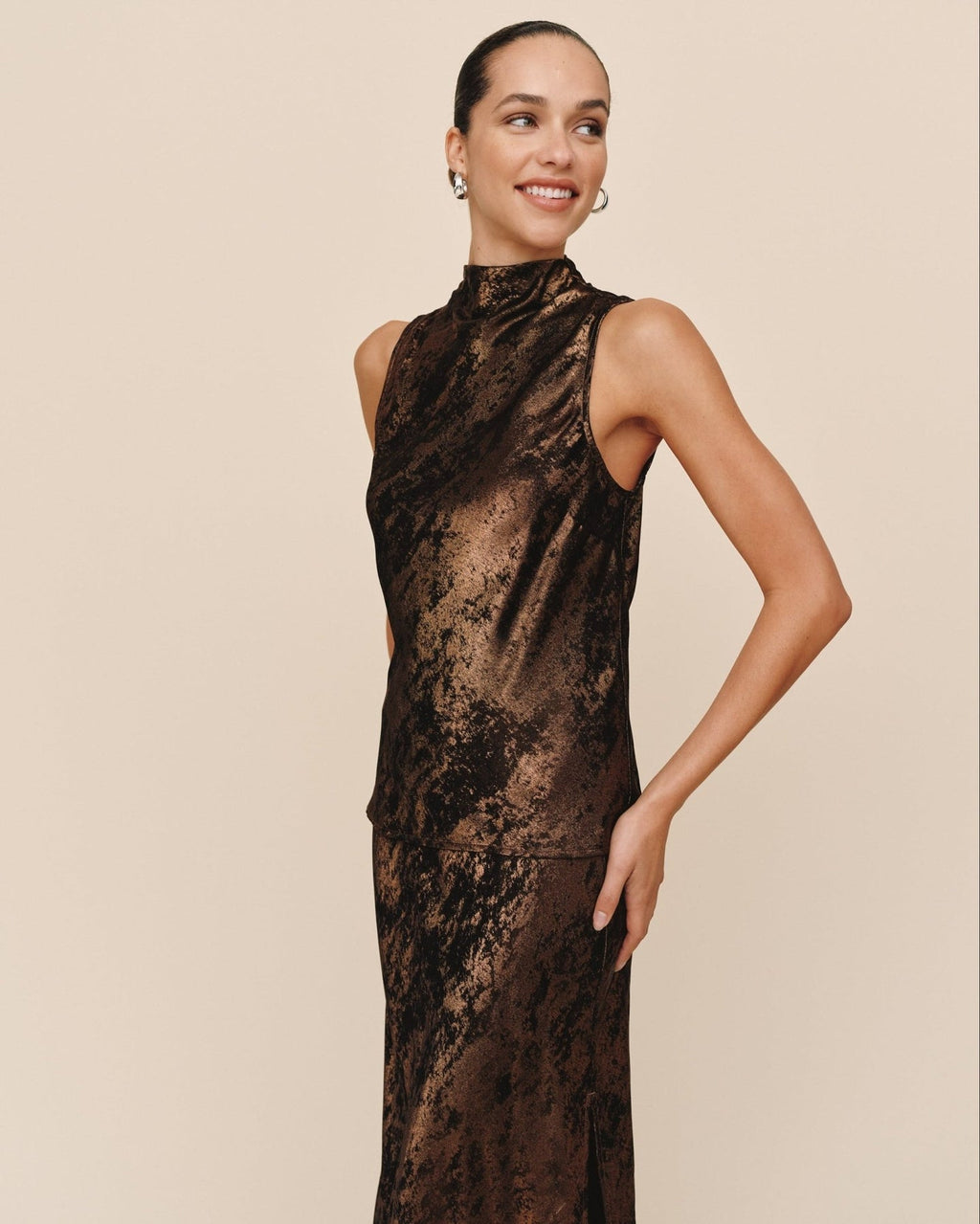 Bella Dahl Cowl Neck Bias Top in Shimmer Bronze