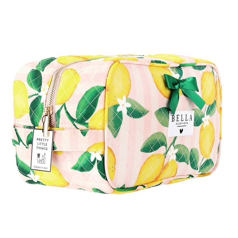 Bella Sleep Spa Quilted Cosmetic Bag in Pink Stripes + Lemons