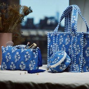 Frem Blue Quilted Floral Cosmetic Pouch – Zipper Makeup Bag with Tassel