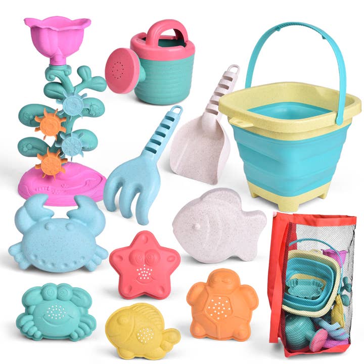 Fun Little Toys 12pc Beach Sand Toys Set with Foldable Beach Bucket