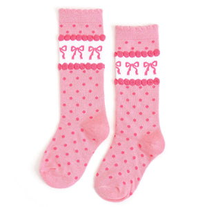 Little Stocking Co Pink Bow Scalloped Knee Socks