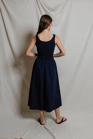 perfectwhitetee Fabiola Cotton Poplin Dress in Navy