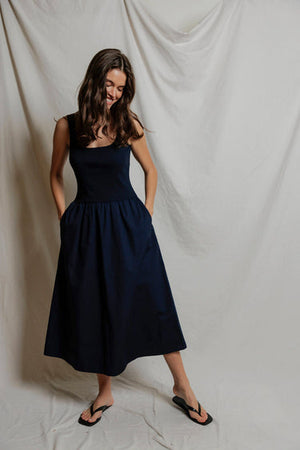 perfectwhitetee Fabiola Cotton Poplin Dress in Navy