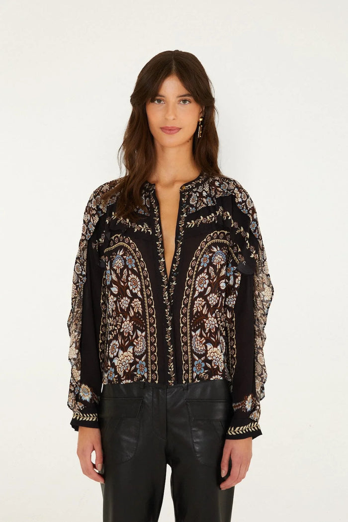 Farm Rio Daniela Longe Sleeve Top in Black