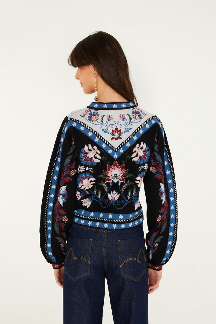 Farm Rio Natalia Crew Neck Knit Sweater in Natalia Burgundy