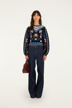 Farm Rio Natalia Crew Neck Knit Sweater in Natalia Burgundy