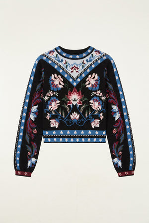 Farm Rio Natalia Crew Neck Knit Sweater in Natalia Burgundy