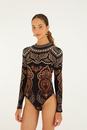 Farm Rio Nicole Long Sleeve Jersey Bodysuit in Black