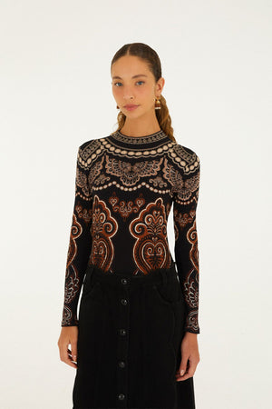 Farm Rio Nicole Long Sleeve Jersey Bodysuit in Black