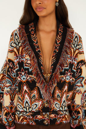 Farm Rio Tapestry Dream Fringe Knit Cardigan in Cream