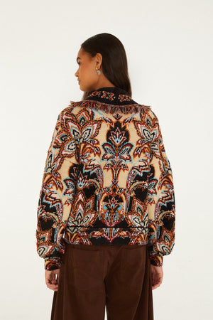 Farm Rio Tapestry Dream Fringe Knit Cardigan in Cream