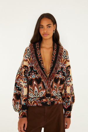 Farm Rio Tapestry Dream Fringe Knit Cardigan in Cream