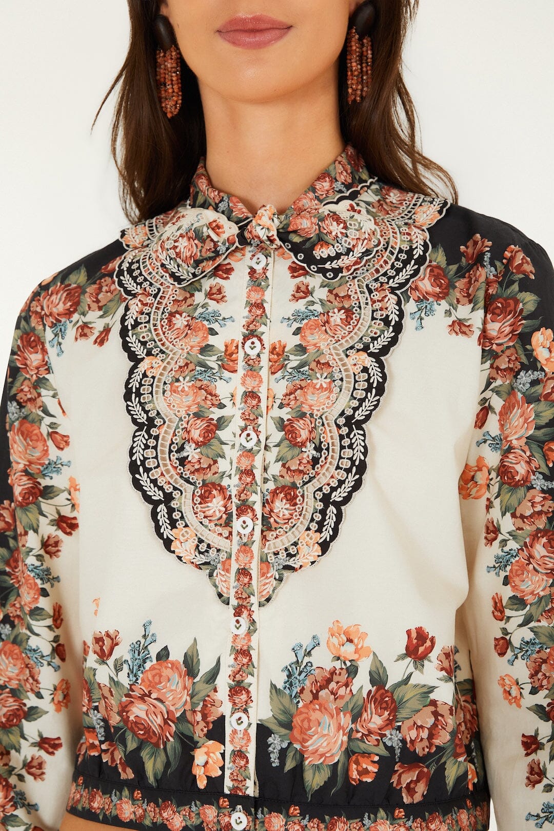 Farm Rio Winter Floral Long Sleeve Shirt in Winter Floral Cream