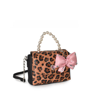 OMG Pearl Handle Crossbody Bag with Bow Charm in Leopard