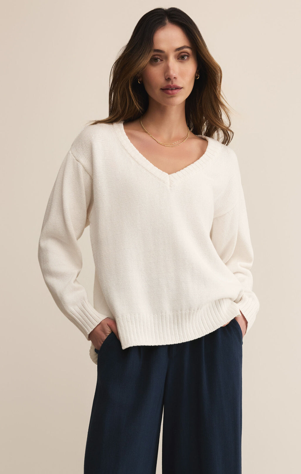 Z Supply All Around V-neck Sweater in White