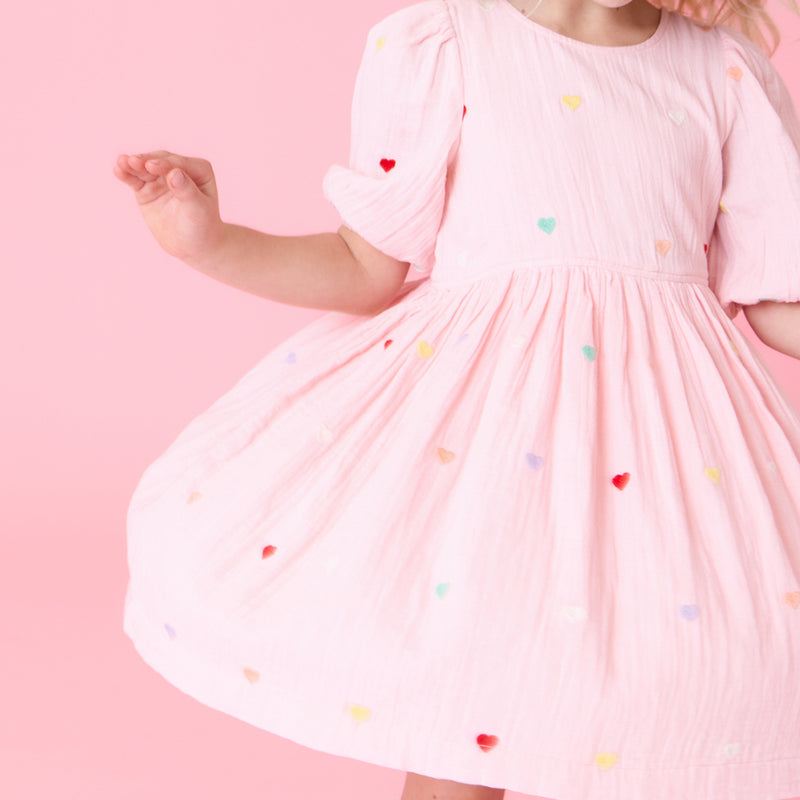 Pink Chicken Brooke Dress in Candy Hearts Embroidery