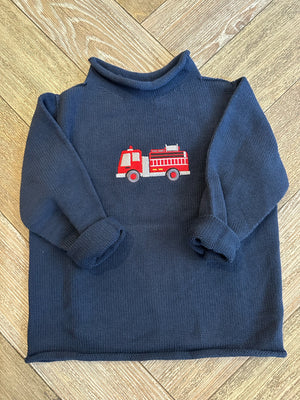 A Soft Idea Roll Neck Sweater in Navy with Fire Engine