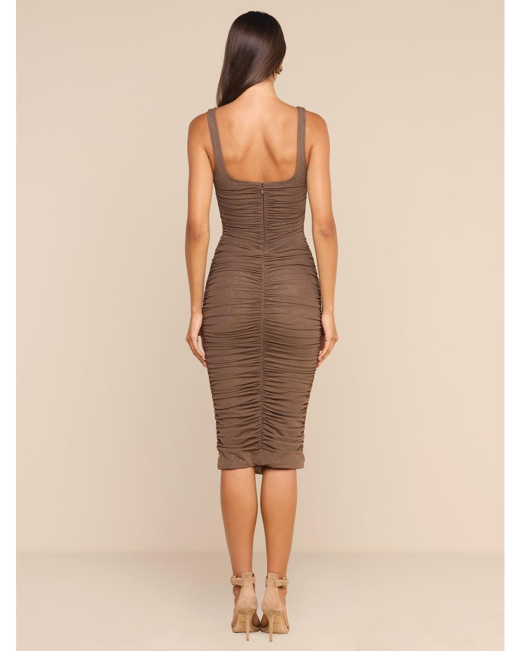 L'agence Anya Shirred Midi Dress in Dark Cardamom