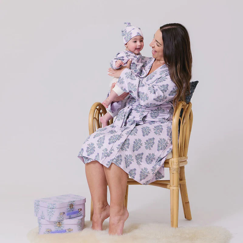 Pink Chicken Womens Organic Robe in Lavender Floral Block Print