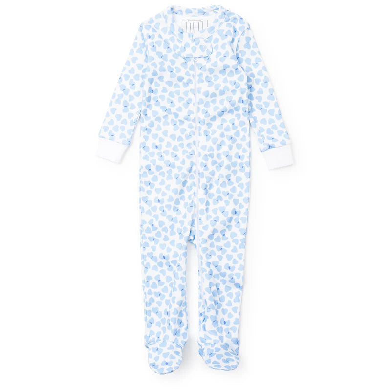 Lila + Hayes Parker Zip Footie in Blue Confetti Hearts