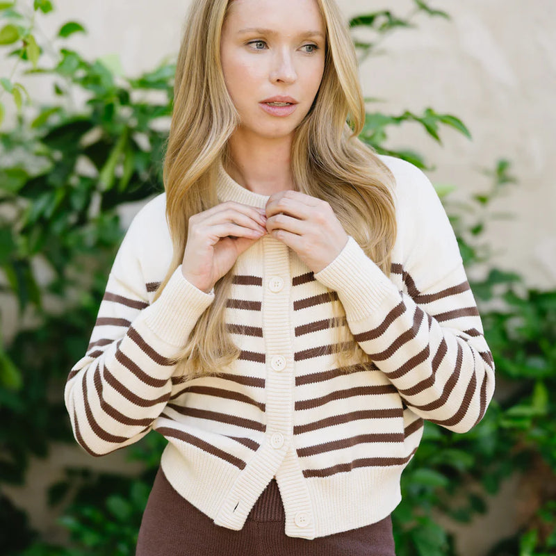 Minnow Women's Knit Cardigan in Cream / Cocoa Stripe