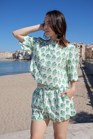 Pink Chicken Womens Misha Scallop Top in Green Strawflower