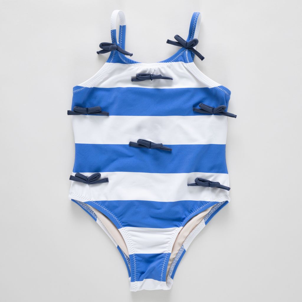 Pink Chicken Lottie Bow Swimsuit in Wide Blue Stripe